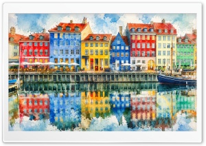 Watercolor painting of Nyhavn Canal in Copenhagen, Denmark 4K UHD Wallpaper for Widescreen and UltraWide Desktop, UltraHD TV, Smartphone, Tablet