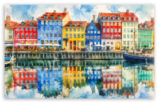 Watercolor painting of Nyhavn Canal in Copenhagen, Denmark UltraHD Wallpaper for Widescreen 16:10 ;