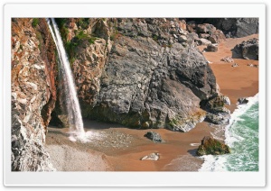 Waterfall Falling Into The Pacific Ocean 4K UHD Wallpaper for Widescreen and UltraWide Desktop, UltraHD TV, Smartphone, Tablet