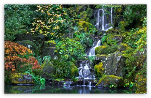 Waterfall, Japanese Garden UltraHD Wallpaper for UHD 16:9 ; HD 16:9 ; UltraWide 21:9 24:10 32:9 32:10 ; Widescreen 16:10 ; Tablet 1:1 ; Mobile 9:16 9:19.5 9:20 9:21 9:22 ; Dual 16:10 16:9 ;