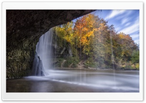 Waterfall Over Cave Autumn Ultra HD Wallpaper for 4K UHD Widescreen desktop, tablet & smartphone