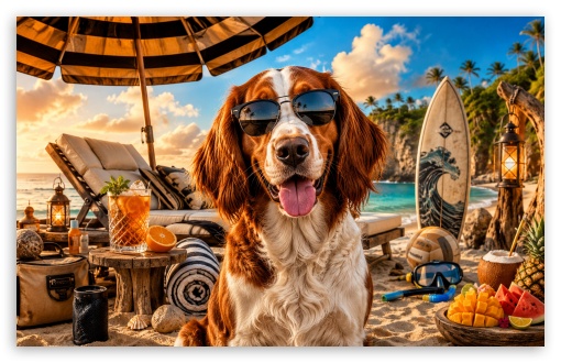 Welsh Springer Spaniel Dog on the Beach UltraHD Wallpaper for Widescreen 16:10 ;