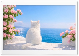White Cat on Mediterranean Porch Facing the Sea 4K UHD Wallpaper for Widescreen and UltraWide Desktop, UltraHD TV, Smartphone, Tablet