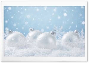 White Christmas Balls in Snow 4K UHD Wallpaper for Widescreen and UltraWide Desktop, UltraHD TV, Smartphone, Tablet