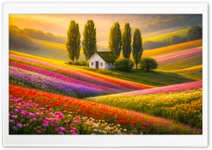 White Cottage with Mossy Roof on Flower Hills 4K UHD Wallpaper for Widescreen and UltraWide Desktop, UltraHD TV, Smartphone, Tablet