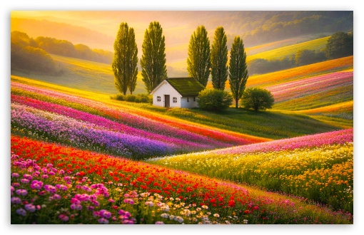 White Cottage with Mossy Roof on Flower Hills UltraHD Wallpaper for UHD 16:9 ; HD 16:9 ; UltraWide 21:9 24:10 32:9 32:10 ; Widescreen 16:10 ; Tablet 1:1 ; Mobile 9:16 9:19.5 9:20 9:21 9:22 ; Dual 16:10 16:9 ;