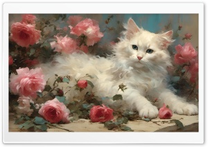 White Furry Cat Among Roses Painting Ultra HD Wallpaper for 4K UHD Widescreen Desktop, Lockscreen, Screensaver, TV, Tablet, Smartphone