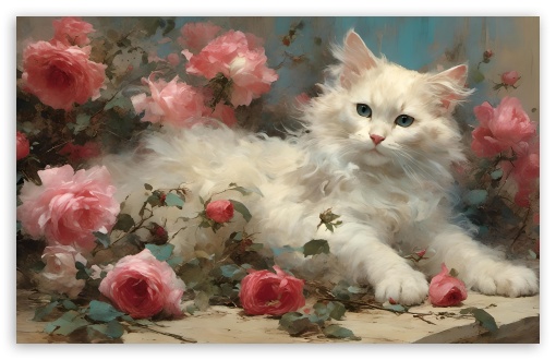 White Furry Cat Among Roses Painting UltraHD Wallpaper for UHD 16:9 ; HD 16:9 ; UltraWide 21:9 24:10 32:9 32:10 ; Widescreen 16:10 5:3 ; Fullscreen 4:3 5:4 3:2 ; Tablet 1:1 ; Mobile 9:16 9:19.5 9:20 10:16 2:3 3:5 3:4 ; Dual 16:10 5:3 16:9 4:3 5:4 3:2 ;