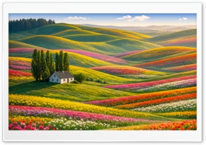 White House Among Trees on Colorful Flower Hills 4K UHD Wallpaper for Widescreen and UltraWide Desktop, UltraHD TV, Smartphone, Tablet