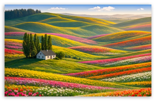 White House Among Trees on Colorful Flower Hills UltraHD Wallpaper for UHD 16:9 ; HD 16:9 ; UltraWide 21:9 24:10 32:9 32:10 ; Widescreen 16:10 ; Tablet 1:1 ; Mobile 9:16 9:19.5 9:20 9:21 9:22 ; Dual 16:10 16:9 ;