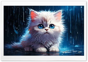 White Persian Kitten in the Rain Digital Painting 4K UHD Wallpaper for Widescreen and UltraWide Desktop, UltraHD TV, Smartphone, Tablet