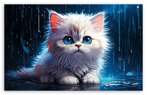 White Persian Kitten in the Rain Digital Painting UltraHD Wallpaper for UHD 16:9 ; HD 16:9 ; Widescreen 16:10 5:3 ; Fullscreen 4:3 5:4 3:2 ; Tablet 1:1 ;