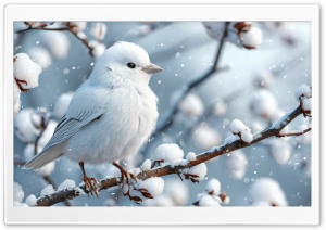 White Songbird Perched on a Snowy Branch Ultra HD Wallpaper for 4K UHD Widescreen Desktop, Lockscreen, Screensaver, TV, Tablet, Smartphone