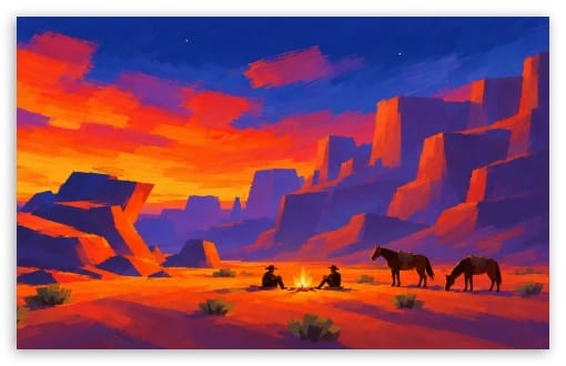 Wild West Cowboys Scene Illustration UltraHD Wallpaper for UHD 16:9 ; HD 16:9 ; UltraWide 21:9 24:10 32:9 32:10 ; Widescreen 16:10 ; Tablet 1:1 ; Mobile 9:21 9:22 ; Dual 16:10 16:9 ;