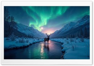 Winter, Mountains, Stream, and Wildlife 4K UHD Wallpaper for Widescreen and UltraWide Desktop, UltraHD TV, Smartphone, Tablet