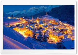 Winter, Snowy Mountain Town, Evening, Golden Lights 4K UHD Wallpaper for Widescreen and UltraWide Desktop, UltraHD TV, Smartphone, Tablet
