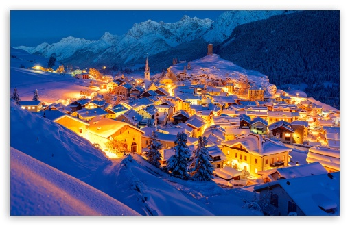 Winter, Snowy Mountain Town, Evening, Golden Lights UltraHD Wallpaper for UHD 16:9 ; HD 16:9 ; UltraWide 21:9 24:10 32:9 32:10 ; Widescreen 16:10 5:3 ; Fullscreen 4:3 5:4 3:2 ; Tablet 1:1 ; Mobile 9:16 9:19.5 9:20 10:16 2:3 3:5 3:4 ; Dual 16:10 5:3 16:9 4:3 5:4 3:2 ;