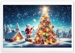 Winter, Snowy Night, Beautiful Christmas Tree, Santa Claus Ultra HD Wallpaper for 4K UHD Widescreen desktop, tablet & smartphone