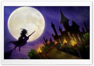 Witch On Broom Full Moon Hallowmas Halloween Ultra HD Wallpaper for 4K UHD Widescreen desktop, tablet & smartphone