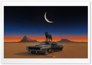 Wolf Standing on a Classic Dodge in the Desert 4K UHD Wallpaper for Widescreen and UltraWide Desktop, UltraHD TV, Smartphone, Tablet