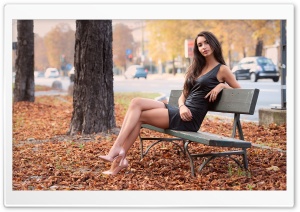 Woman in Dress Relaxing on Autumn Park Bench 4K UHD Wallpaper for Widescreen and UltraWide Desktop, UltraHD TV, Smartphone, Tablet