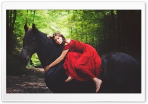 Woman in Red Dress Lying on a Black Horse Forest 4K UHD Wallpaper for Widescreen and UltraWide Desktop, UltraHD TV, Smartphone, Tablet