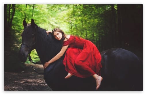 Woman in Red Dress Lying on a Black Horse Forest UltraHD Wallpaper for UHD 16:9 ; HD 16:9 ; UltraWide 21:9 24:10 32:10 ; Widescreen 16:10 ; Fullscreen 3:2 ; Tablet 1:1 ; Dual 16:10 ;
