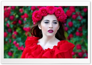 Woman in Red Dress, Red Roses Wreath Ultra HD Wallpaper for 4K UHD Widescreen desktop, tablet & smartphone