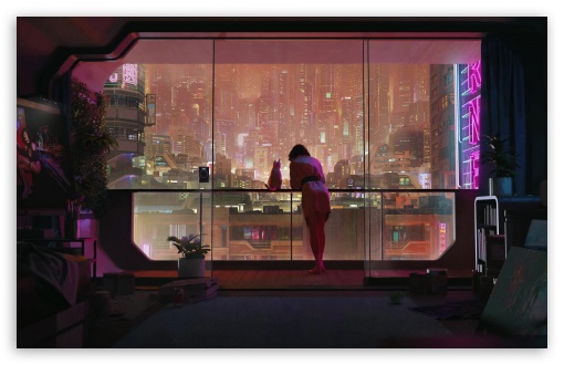 Woman with a Cat Sitting on a Balcony looking over the City UltraHD Wallpaper for HD 16:9 ; UltraWide 21:9 ; Widescreen 16:10 5:3 ;