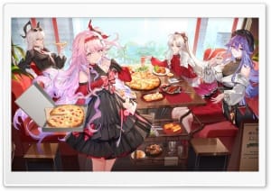 Wuthering Waves Carlotta Zani Lucilla Denia Eating Pizza 4K UHD Wallpaper for Widescreen and UltraWide Desktop, UltraHD TV, Smartphone, Tablet
