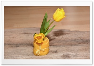 Yellow Tulips, Cute Decoration, Wooden Table Ultra HD Wallpaper for 4K UHD Widescreen desktop, tablet & smartphone