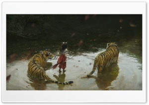 Young Archer Girl Among Her Tigers Fantasy Artwork 4K UHD Wallpaper for Widescreen and UltraWide Desktop, UltraHD TV, Smartphone, Tablet