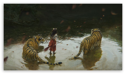 Young Archer Girl Among Her Tigers Fantasy Artwork UltraHD Wallpaper for UHD 16:9 ; HD 16:9 ; UltraWide 21:9 24:10 32:10 ; Dual 16:10 4:3 5:4 3:2 ;