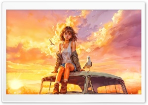 Young Girl, Seagull, Retro Car, Golden Sunshine, Drawing 4K UHD Wallpaper for Widescreen and UltraWide Desktop, UltraHD TV, Smartphone, Tablet