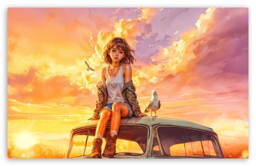 Young Girl, Seagull, Retro Car, Golden Sunshine, Drawing UltraHD Wallpaper for UHD 16:9 ; HD 16:9 ; UltraWide 21:9 24:10 32:9 32:10 ; Widescreen 16:10 5:3 ; Fullscreen 4:3 5:4 3:2 ; Tablet 1:1 ; Mobile 9:16 9:19.5 9:20 9:21 9:22 10:16 2:3 3:5 3:4 ; Dual 16:10 5:3 16:9 4:3 5:4 3:2 ;