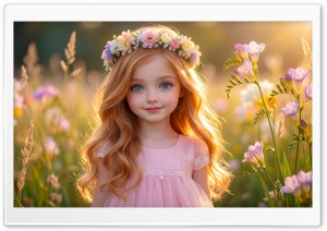 Young Girl with Flower Crown in Sunlit Flower Field 4K UHD Wallpaper for Widescreen and UltraWide Desktop, UltraHD TV, Smartphone, Tablet