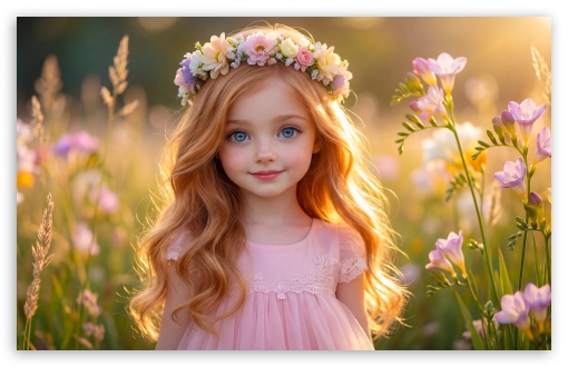 Young Girl with Flower Crown in Sunlit Flower Field UltraHD Wallpaper for UHD 16:9 ; HD 16:9 ; UltraWide 21:9 24:10 32:9 32:10 ; Widescreen 16:10 ; Tablet 1:1 ; Mobile 9:16 9:19.5 9:20 9:21 9:22 ; Dual 16:10 16:9 ;